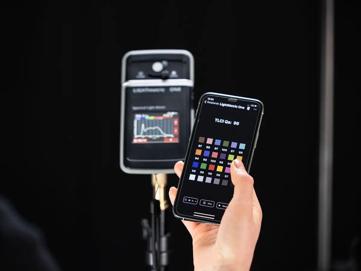 Smartphone app showing TLCI measurement data from the LIGHTmetric ONE